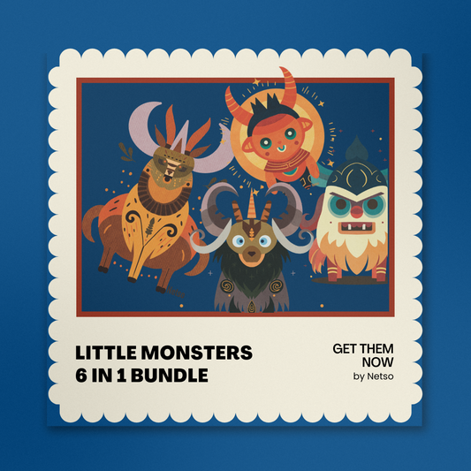 6 in 1 Bundle of Little Monsters Illustrations on Textured Paper
